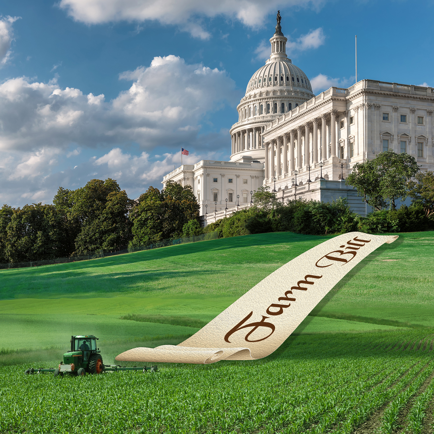 Graphic showing bill scrolling down from Capitol Hill to farm field behind a tractor.